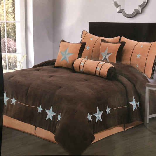 Rustic Brown Western Turquoise Star Microsuede Comforter - 7 Piece Set