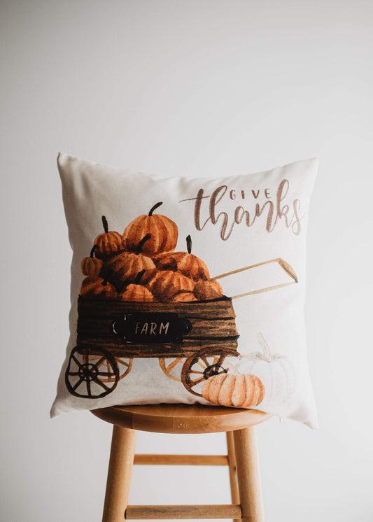 Give Thanks | Pumpkin Wagon Pillow | Farmhouse Pillows | Country Decor