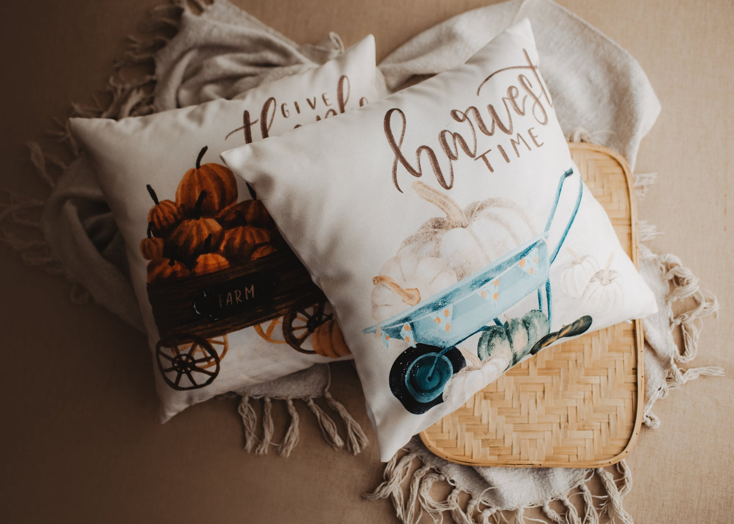 Give Thanks | Pumpkin Wagon Pillow | Farmhouse Pillows | Country Decor