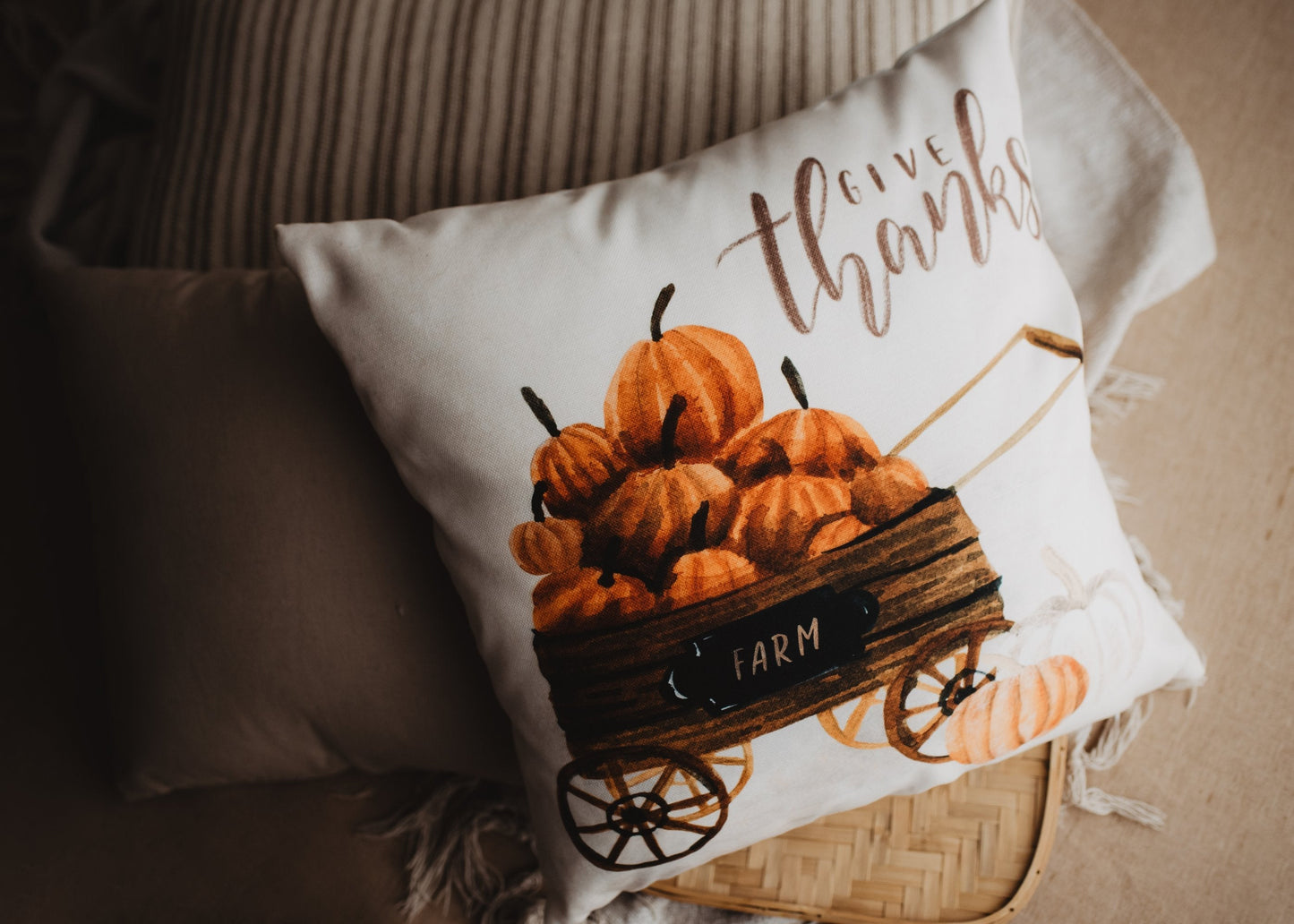 Give Thanks | Pumpkin Wagon Pillow | Farmhouse Pillows | Country Decor