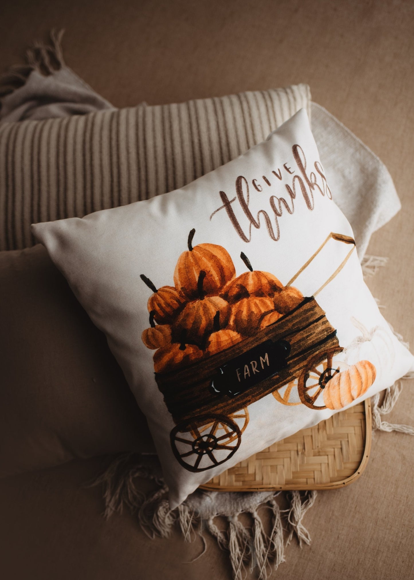 Give Thanks | Pumpkin Wagon Pillow | Farmhouse Pillows | Country Decor